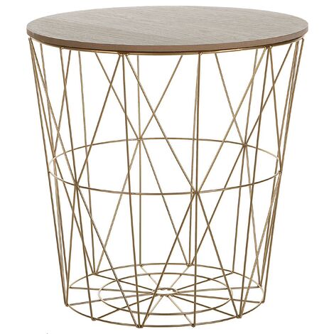 Mesa auxiliar de madera clara con tapa extraíble almacenamiento cesta de alambre de metal dorado Lanark