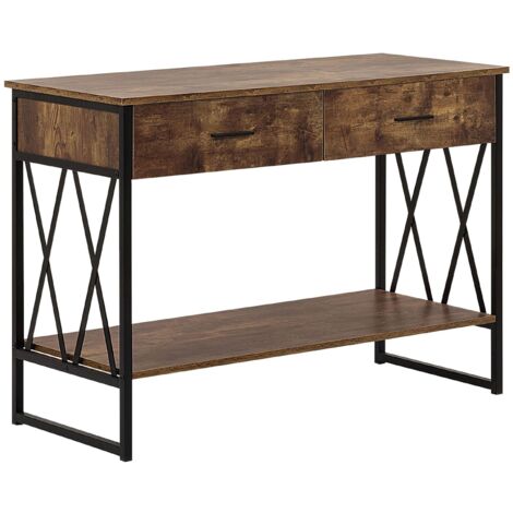 Mesa auxiliar de madera oscura estructura de metal negro 2 cajones estante tocador industrial Ayden