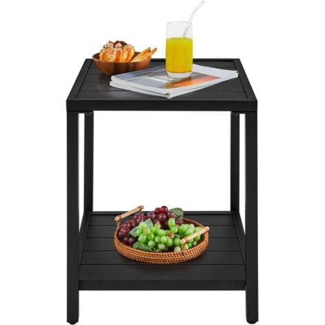 YAHEETECH Mesa Auxiliar de Metal de Dos Niveles con Diseño de Listones y Estante Inferior de Almacenamiento Mesita de Noche Estilo Industrial para Patio Salón Terraza Balcón Negro