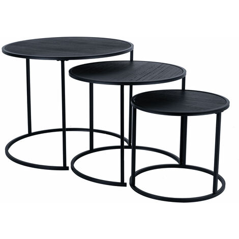 Mesa auxiliar, juego de 3 mesas nido, negro Mesa de centro, madera, redonda, metal, tres tamaños D 55 cm, 45 cm, 35 cm
