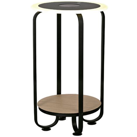 Mesa Auxiliar LED 20W 3000K, Cargador Inalámbrico, 75,5cm en Negro y Madera