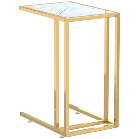 Mesa auxiliar, mesa auxiliar de sofá, mesa de ordenador, 50 x 35 x 65 cm, cristal templado, color mármol blanco y hierro dorado DEC032508