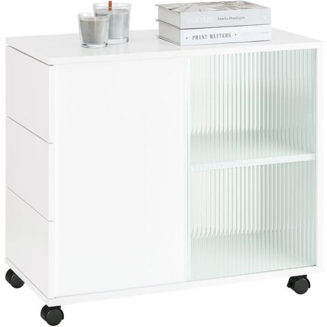 Mesa Auxiliar Mesa de Centro con 2 Puertas y 3 Cajones Armario de Almacenamiento para Oficina con 5 Ruedas Blanco 70 x 35 x 61 cm FBT141-W SoBuy ES