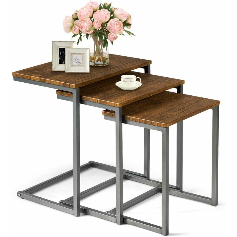 

3pcs Mesa de Auxiliar Marco de Metal Mesita de Noche Mesa de Centro - Costway
