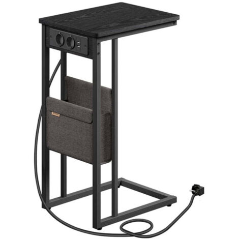Mesa auxiliar/mesita de noche con regleta/mesa auxiliar en forma de C para espacios pequeños 2 puertos USB y enchufes patas ajustables para dormitorio/salón acabado madera negra 120007571