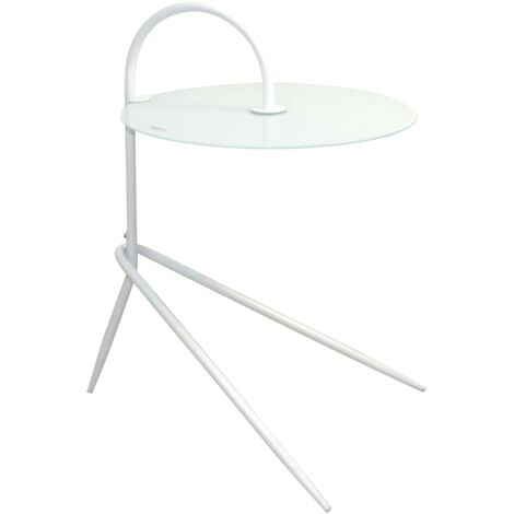 Mesa auxiliar moderna con base de acero tubular blanco y tapa redonda de cristal blanco DEC050101