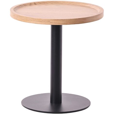 Mesa auxiliar moderna con tapa redonda de madera clara Ø40cm diseño con base central de metal negro 100009160