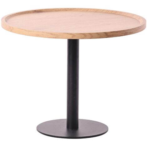 Mesa auxiliar moderna con tapa redonda de madera clara Ø60cm diseño con base central de metal negro 100009147