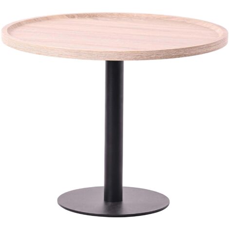 Mesa auxiliar moderna con tapa redonda de madera color roble Ø60cm con base central de metal negro 100009148