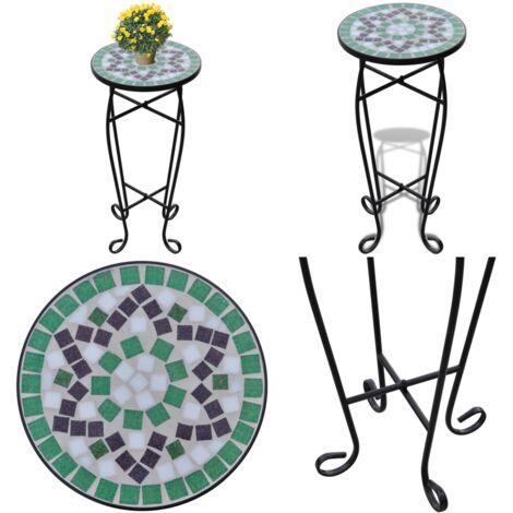 Mesa auxiliar mosaico para plantas verde y blanca - Mesa para plantas - Mesa de mosaico