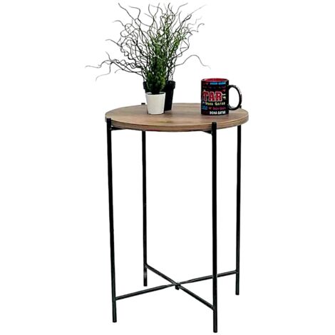 Mesa auxiliar plegable redonda de madera de estilo industrial con diseño de bisagra, adecuada para dormitorio y sala de estar.