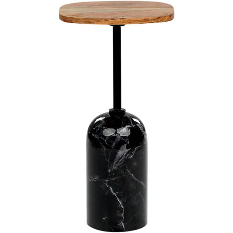 Mesa auxiliar redonda de estilo moderno con tapa de madera y base de metal en color madera clara y negro Oasis