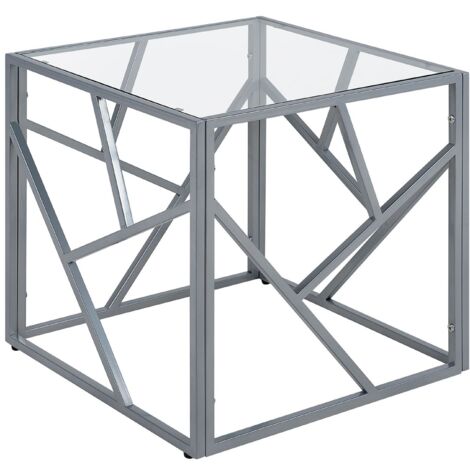 Mesa auxiliar tapa de cristal transparente marco de metal plateado cubo 50 x 50 cm glam moderno Orland