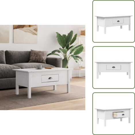 Mesa auxiliar - vidaXL Mesa de centro BODO madera maciza de pino blanco 100x55x46 cm - Cajón con tirador metálico