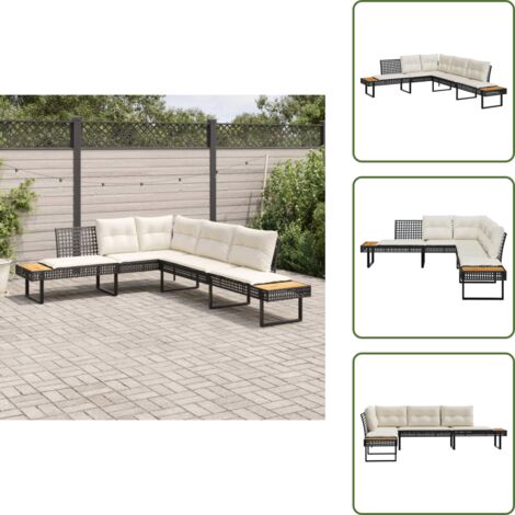 Mesa auxiliar - vidaXL Sofá de jardín con cojines forma de L ratán PE negro y acacia - Muebles de jardín