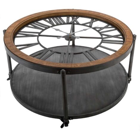 Mesa Baja auxliar con reloj de agujas, estilo Retro, en Madera y Metal, Negro