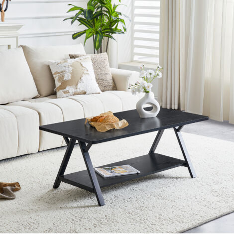 Mesa baja con estante de almacenamiento, marco metálico en X, en negro, 110x57x44,5 cm