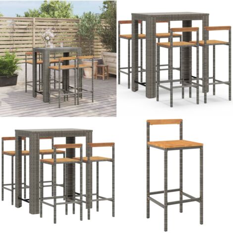 Mesa bar y taburetes jardín 5 pzas madera acacia ratán PE gris - Taburetes de jardín - Barra de jardín