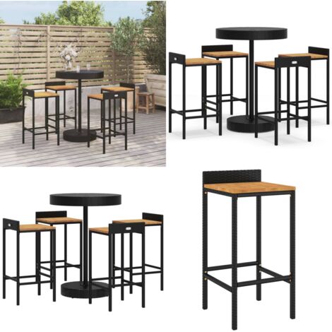Mesa bar y taburetes jardín 5 pzas madera acacia ratán PE negro - Taburetes de bar - Jardín