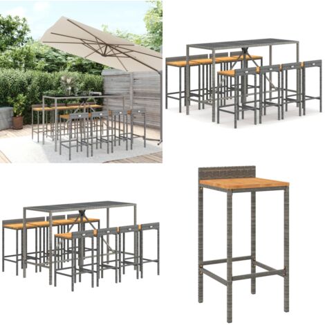 Mesa bar y taburetes jardín 9 pzas madera acacia ratán PE gris - Taburete de bar - Barra de jardín