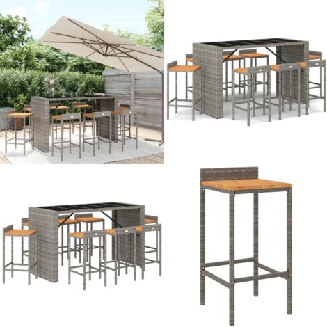 Mesa bar y taburetes jardín 9 pzas madera acacia ratán PE gris - Taburete de bar - Barra de jardín