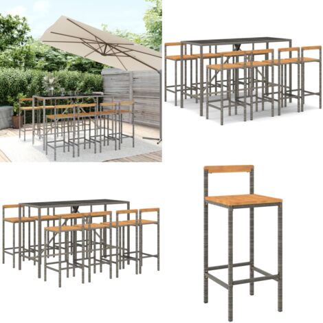 Mesa bar y taburetes jardín 9 pzas madera acacia ratán PE gris - Taburetes de jardín - Mesa de bar con taburetes