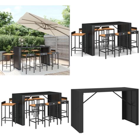 Mesa bar y taburetes jardín 9 pzas madera acacia ratán PE negro - Taburete de bar - Barra de jardín