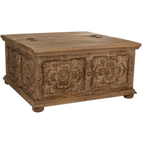 Mesa baúl de centro de madera artesanal marrón 100x100x47