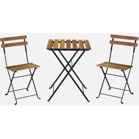 Mesa bistro plegable madera y metal con 2 sillas, Malaga, Negro, 54x55x71 cm