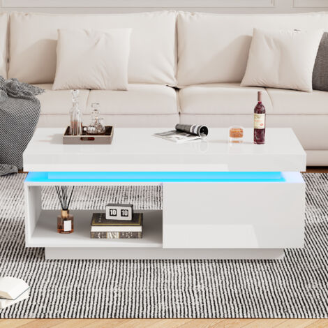 Mesa central brillante, iluminación LED, 100x50x40,3 cm - Elegante mesa con cajón y capacidad de carga de 50 kg, color blanco