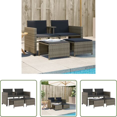 Mesa central -  Sofá de jardín 2 plazas con mesa y taburetes ratán PE gris