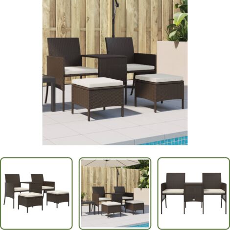 Mesa central -  Sofá de jardín 2 plazas con mesa y taburetes ratán PE marrón