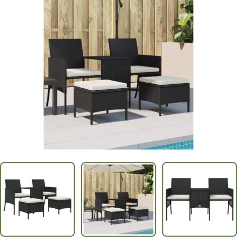 Mesa central -  Sofá de jardín 2 plazas con mesa y taburetes ratán PE negro