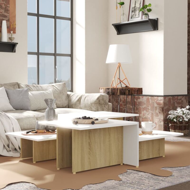 

Mesa centro 2 pzas aglomerado roble Sonoma blanco 111,5x50x33cm