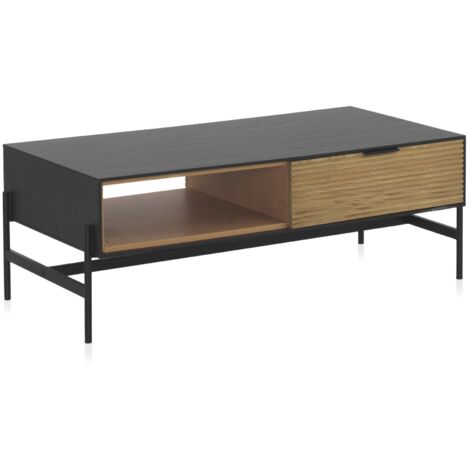 Mesa Centro Chapada En Fresno Negro Con Cajones Naturales Y Patas De Metal Negro