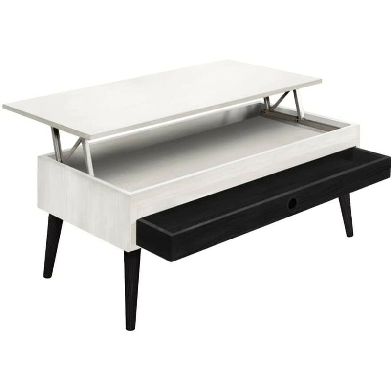 

Mesa Centro Elevable Cajón Deslizante Madera Maciza Color Blanco y Negro, Pata Cónica