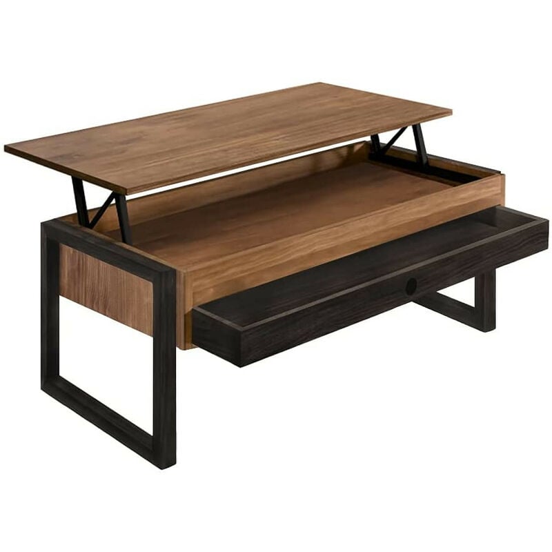 

Mesa Centro Elevable Cajon Deslizante Madera Maciza Color Encerado y Negro, Pata Cuadrada