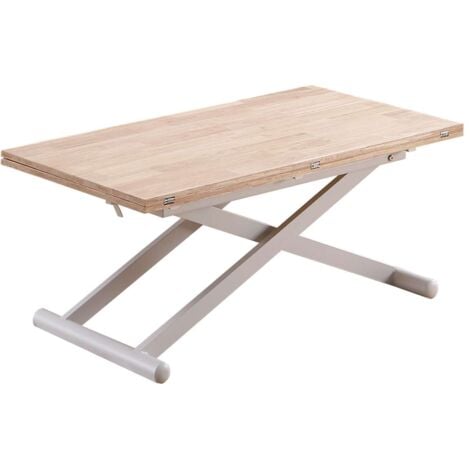 ADEC Mesa centro elevable y extensible Natural acabado roble patas blancas, 57-114 cm(fondo) 110/114 cm (ancho) 49/76(alto).