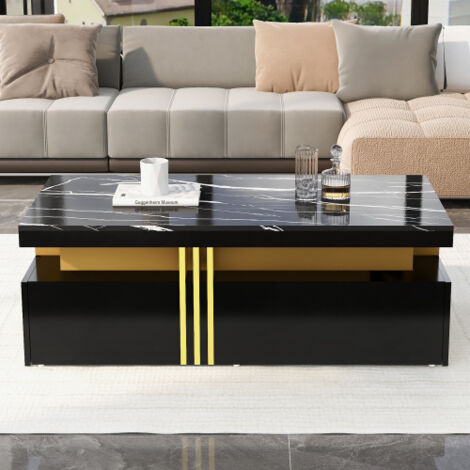 Mesa Centro Rectangular Negra Brillante - 2 Cajones de Madera, Plato de Mármol - 100x50x40 cm
