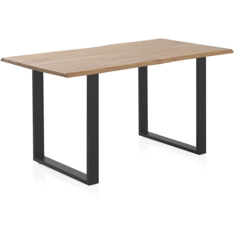 Mesa Comedor 140X80 Madera Maciza De Acacia Sobre De 25 Mm Grosor Con Patas Metalicas Negras