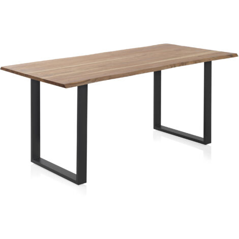 Mesa Comedor 180X90 Madera Maciza De Acacia Sobre De 25 Mm Grosor Con Patas Metalicas Negras