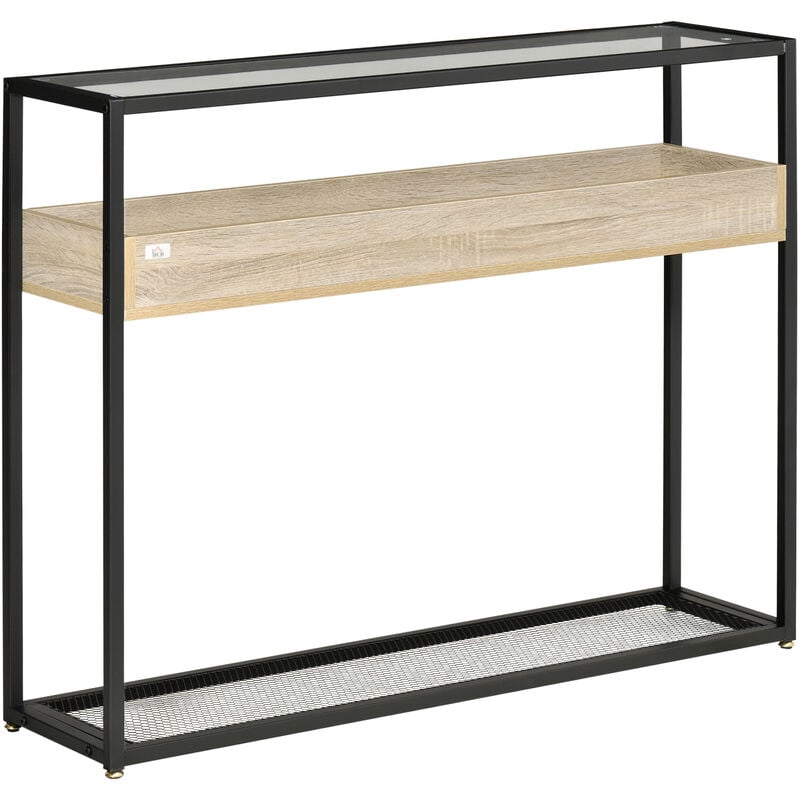 

Mesa Consola 108x28x85 cm Mesa de Entrada con Tablero de Vidrio Templado Estante y Rejilla Inferior Marco de Acero para Pasillo Salón Extremo del