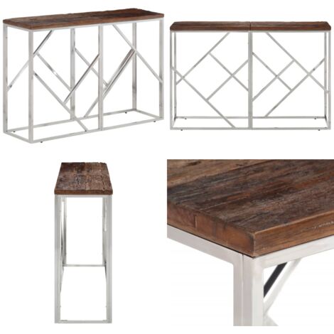 Mesa consola acero inoxidable madera maciza traviesa plateado - Mesa de salón - Mesa de consola