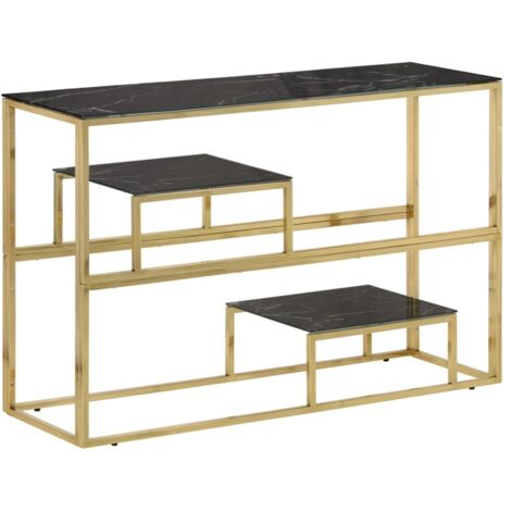Mesa consola con balda 110 x 35 x 70 cm en acero inoxidable dorado y cristal templado DEC031359