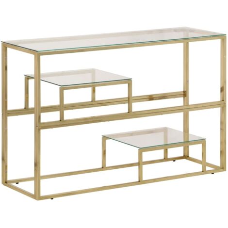 Mesa consola con estante en acero inoxidable dorado y vidrio templado DEC031360