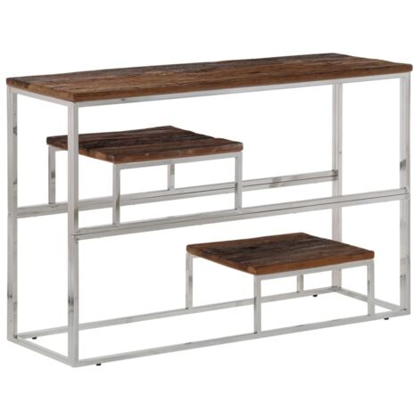 Mesa consola de entrada funcional y elegante con estantes en acero inoxidable plateado y madera de alerce DEC031335
