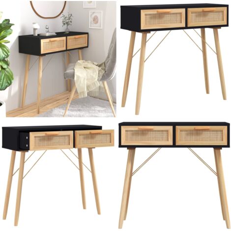 Mesa consola madera pino maciza ratán natural negro 80x30x75 cm - Mesa de recibidor - Mesa de almacenamiento