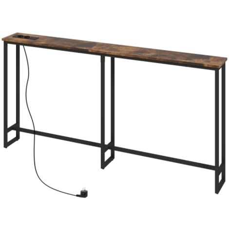 Mesa consola, mesa de entrada con estación de carga integrada, patas de metal, estilo industrial, acero, 160 x 20 x 80 cm, marrón rústico