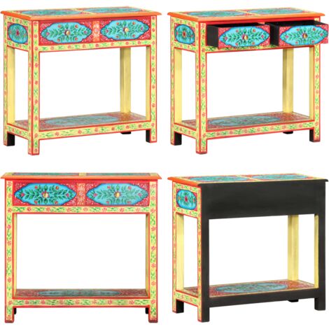 Mesa consola pintada a mano madera maciza de mango 80x35x75 cm - Mesa de madera - Mesa pintada a mano
