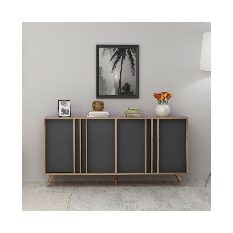 

Mesa Consola Rilla con Puertas - para Salon, Estudio, Entrada - Nogal, Antracita en Madera, 160 x 40 x 79 cm